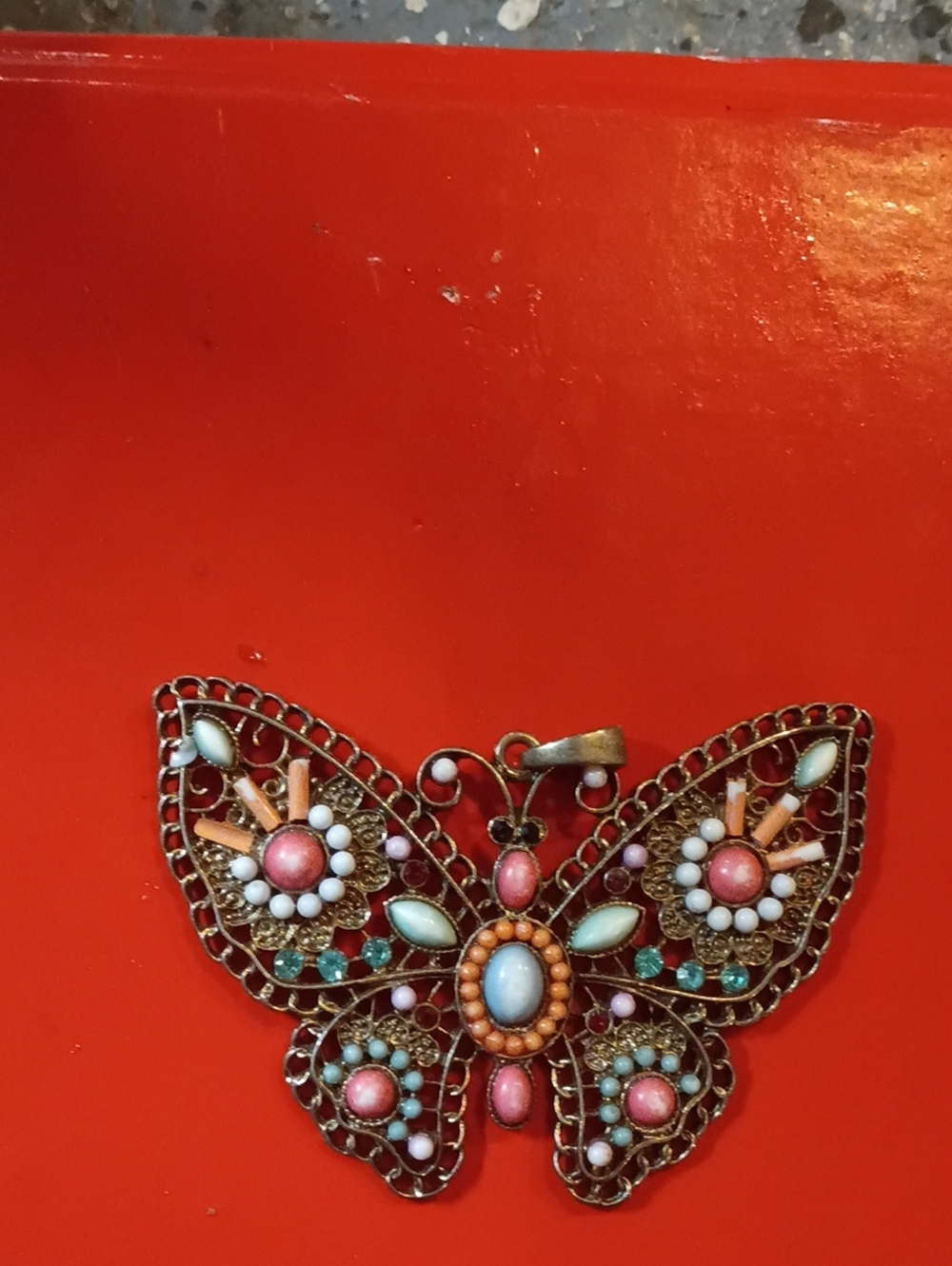 Vintage-Inspired Butterfly Pendant Necklace - Pink & Turquoise Colors